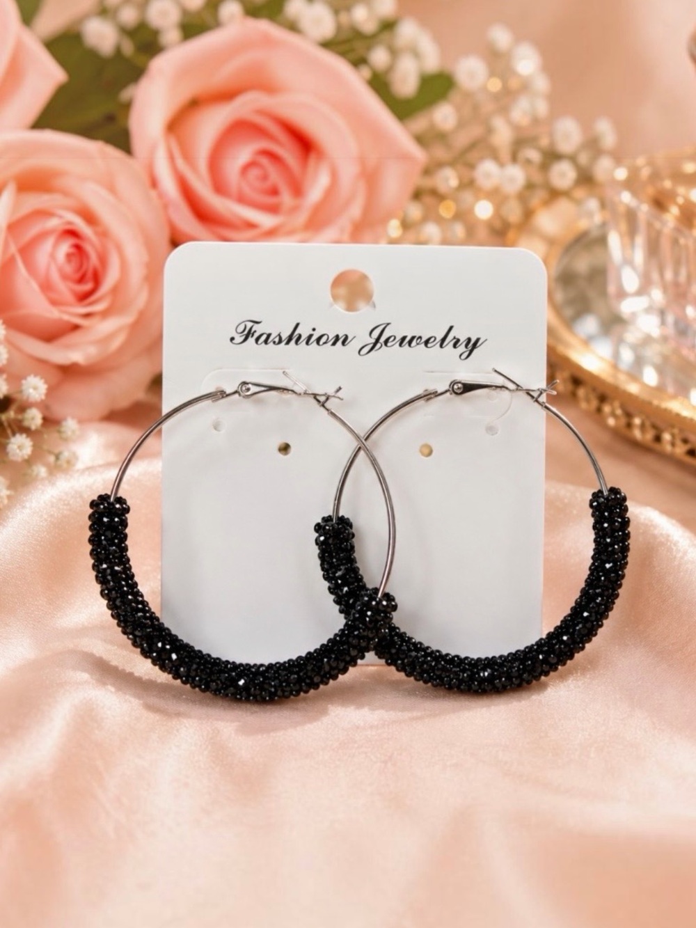 Black Rhinestone Hoop Earrings